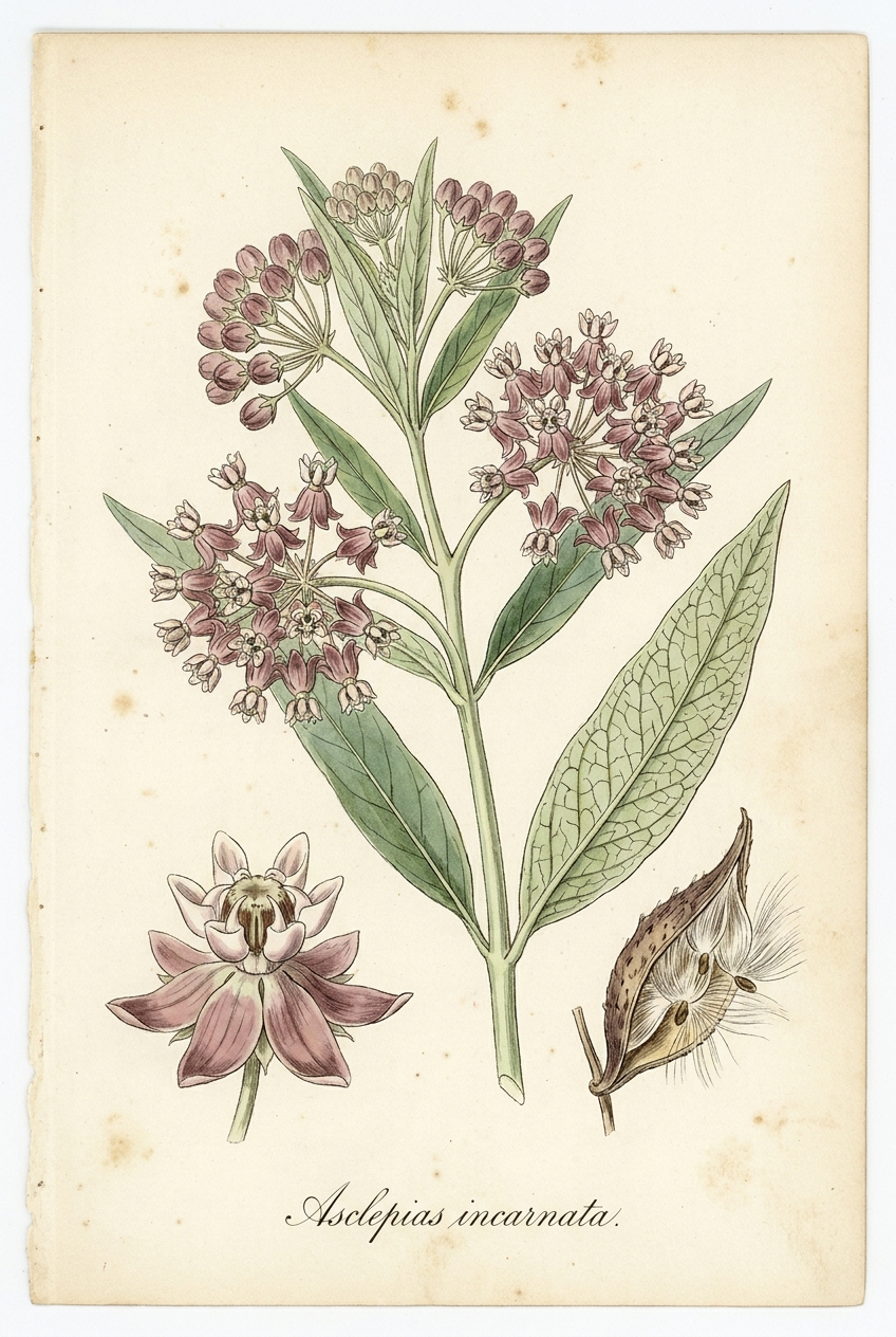 Botanical illustration of Swamp Milkweed (Asclepias incarnata)